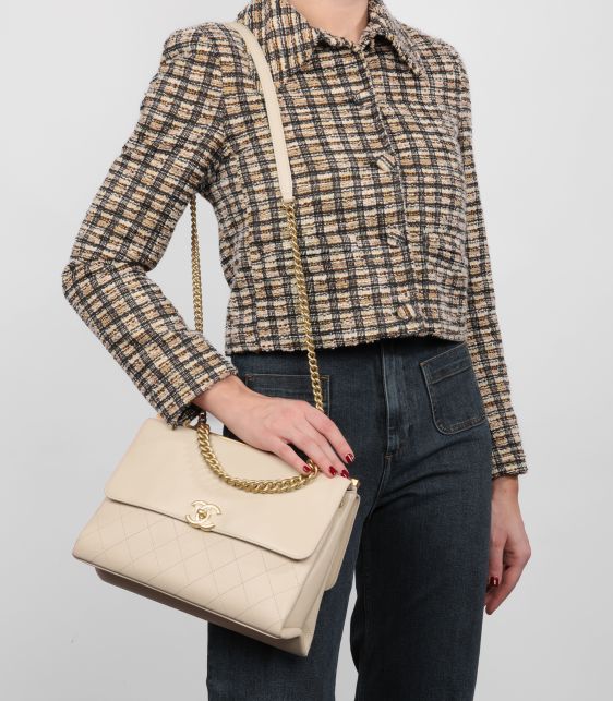 Beige Smooth & Quilted Calfskin Leather Small Coco Luxe Top Handle Flap Bag