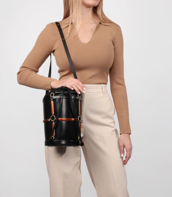 Black Vinyl, Lambskin & Rust Enamel Bucket Bag