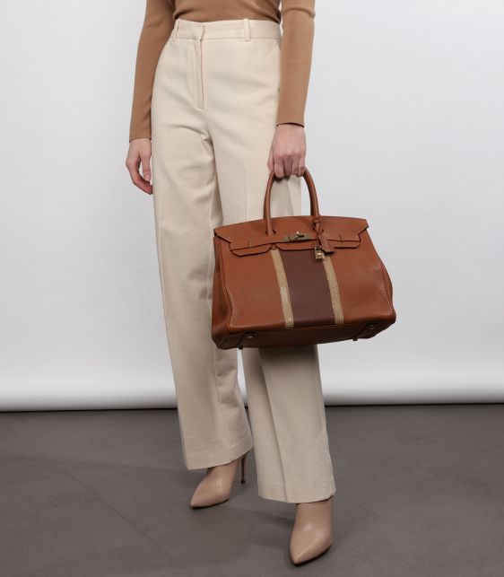 Gold, Marron d'Inde Clemence Leather & Ficelle Lizard Leather Club Birkin 35cm Retourne