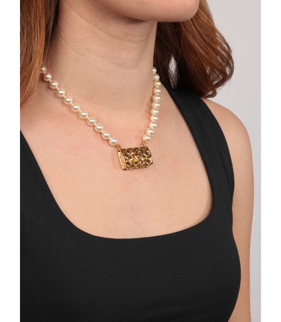 Faux Pearl Gold Tone Quilted Flap Bag Necklace