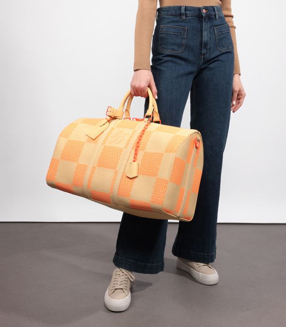Natural & Orange Raffia, Beige Calfskin Leather Keepall 50 Bandoulière