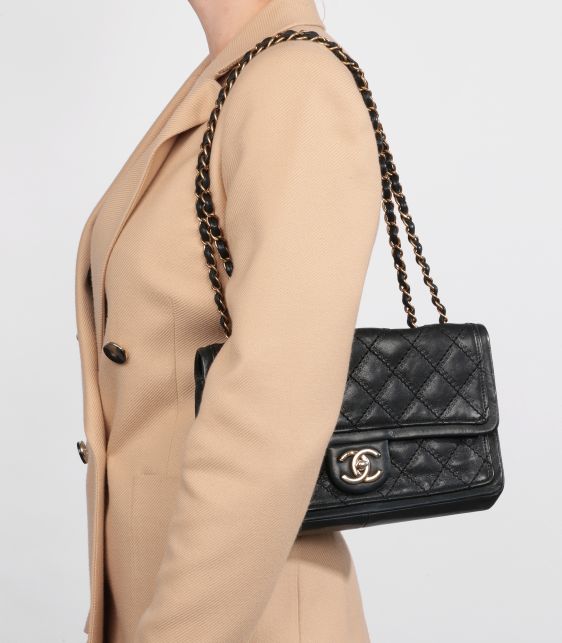 Black Quilted Iridescent Calfskin Leather Sheriff Star Classic Single Flap Bag