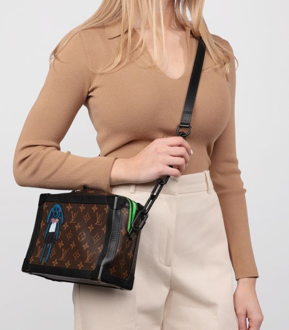 x Virgil Abloh Brown Monogram Coated Canvas & Black Calfskin Leather Zoooom with Friends Soft Trunk