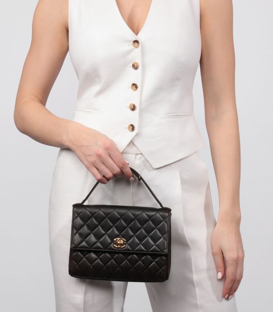 Black Quilted Lambskin Vintage Mini Classic Top Handle Flap Bag