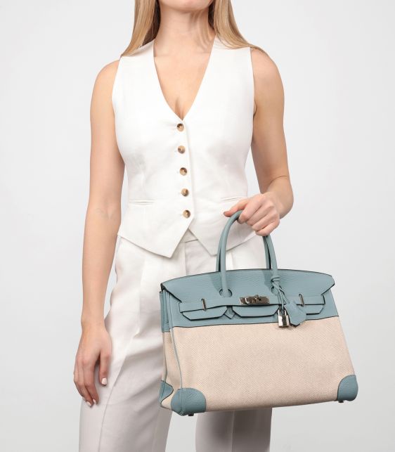 Ciel Togo Leather & Natural Toile Canvas Birkin 35cm Retourne