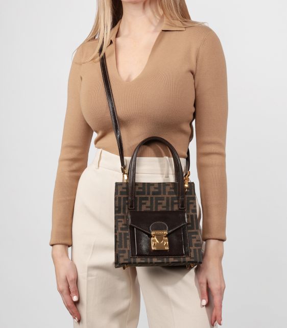 Brown Zucca Canvas & Calfskin Leather Vintage Shoulder Tote