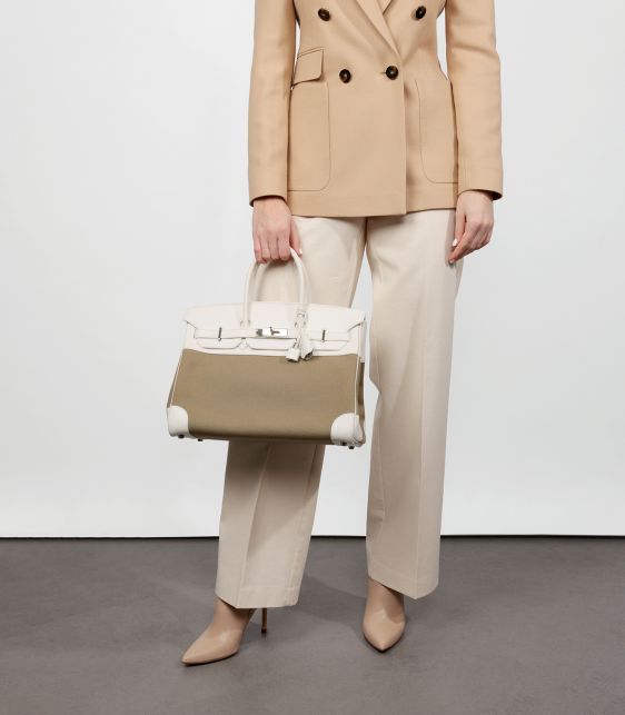 White Swift Leather & Olive Toile Canvas Birkin 35cm Retourne