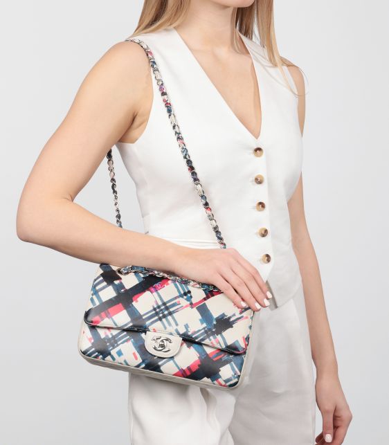 White Multicolour Quilted Lambskin Airlines Medium Classic Double Flap Bag