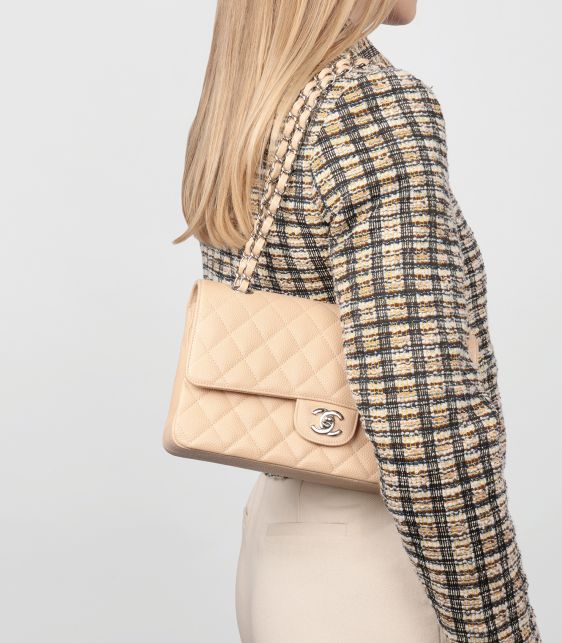 Beige Quilted Caviar Leather Medium Classic Double Flap Bag
