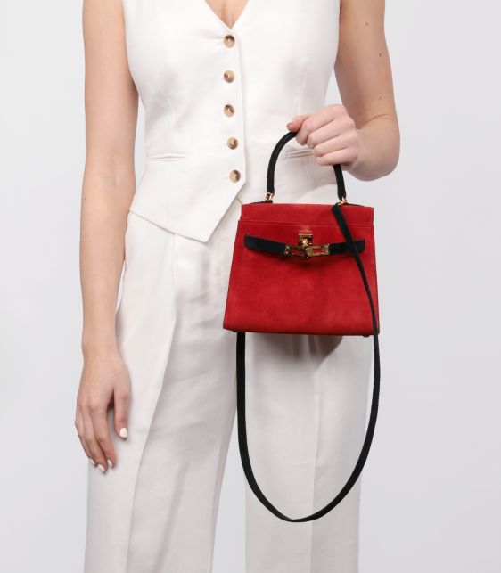 Rouge Vif & Black Veau Doblis Suede Vintage Kelly 20cm Sellier