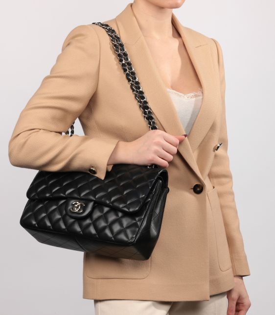 Black Quilted Lambskin Leather Jumbo Classic Double Flap Bag