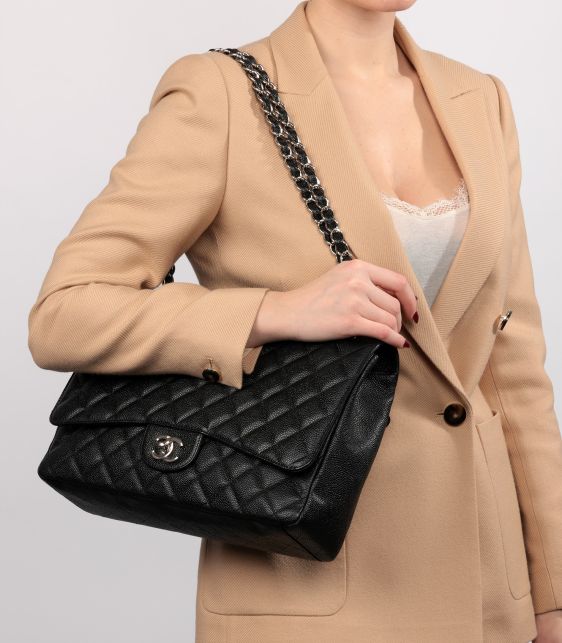 Black Quilted Caviar Leather Maxi Classic Single Flap Bag