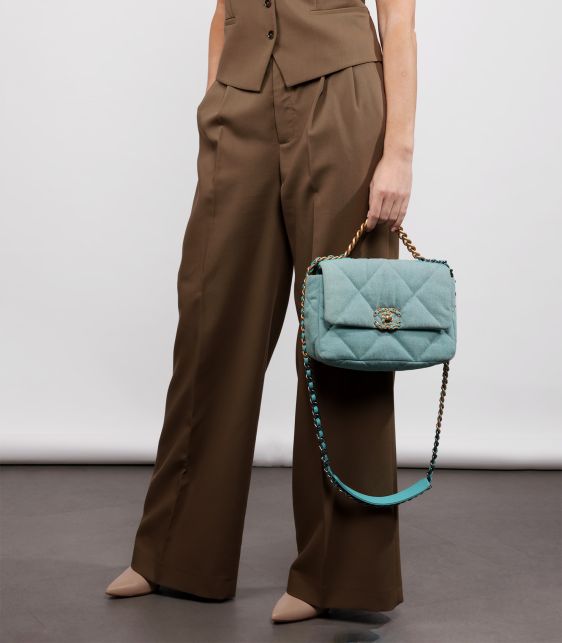 Light Blue Quilted Denim & Turquoise Lambskin Leather Small 19 Flap Bag