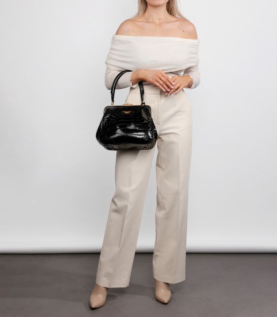 Black Shiny Crocodile Leather Vintage Large Frame Top Handle