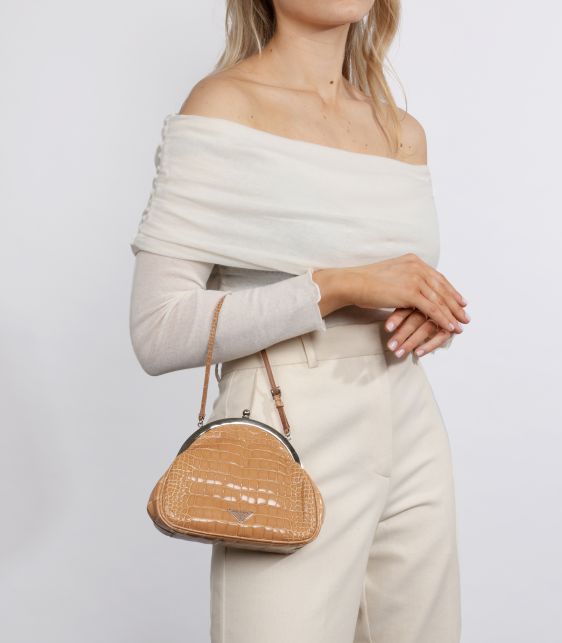 Beige Shiny Alligator Leather Vintage Mini Frame Top Handle