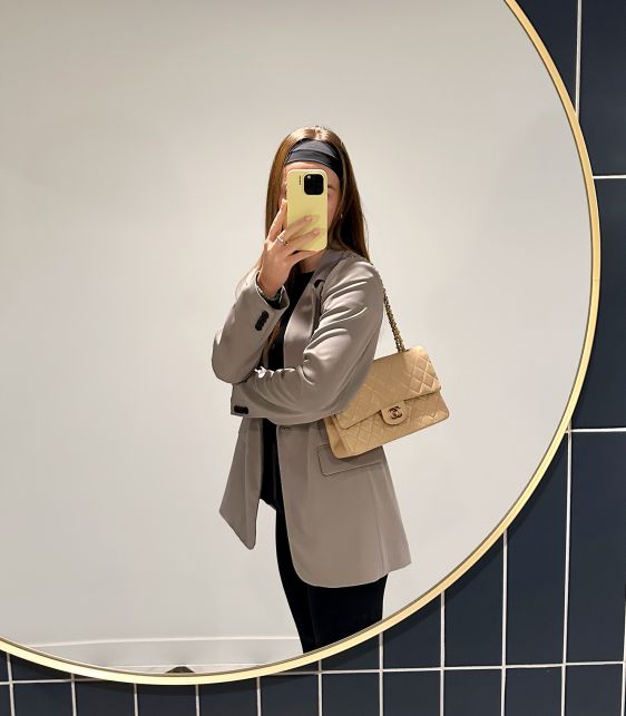 Beige Quilted Lambskin Leather Vintage Medium Classic Double Flap Bag