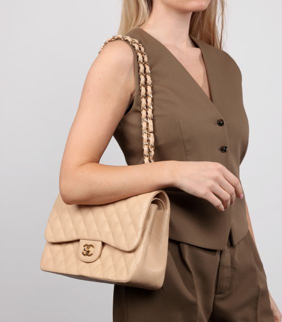 Beige Lambskin Leather Jumbo Classic Double Flap Bag