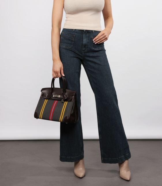 Marron Fonce Swift Leather & Multicolour Striped Toile Canvas Jumping Birkin 30cm Retourne