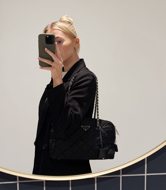 Black Quilted Nylon Tessuto Impuntu Shoulder Bag