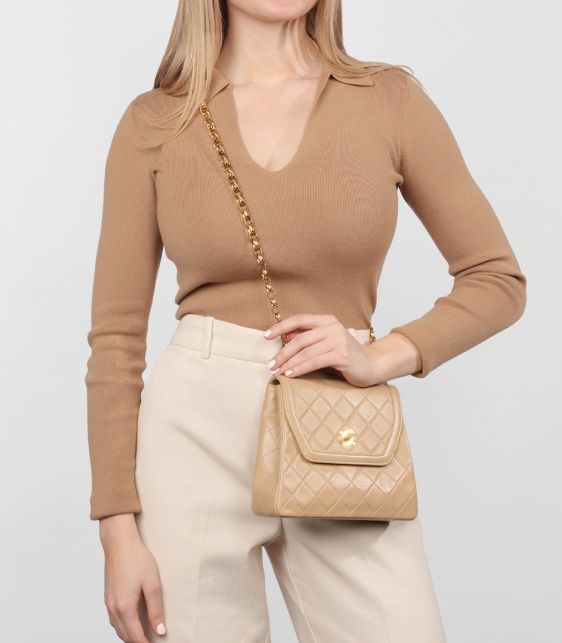 Beige Quilted Lambskin Vintage Mini Flap Bag with Wallet