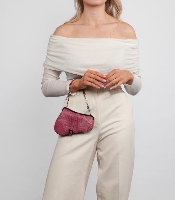 Pink Snakeskin & Suede Vintage Mini Saddle Bag