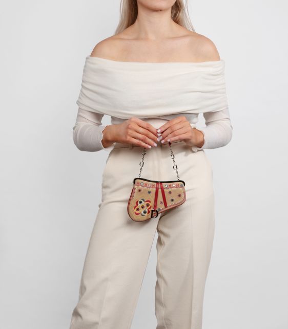 Multicolour Embroidered & Embellished Suede & Red Calfskin Leather Vintage Mini Saddle Bag