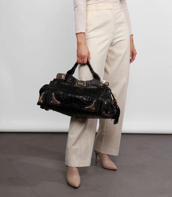 Black Matte Alligator Leather Large Tassle Race Tote