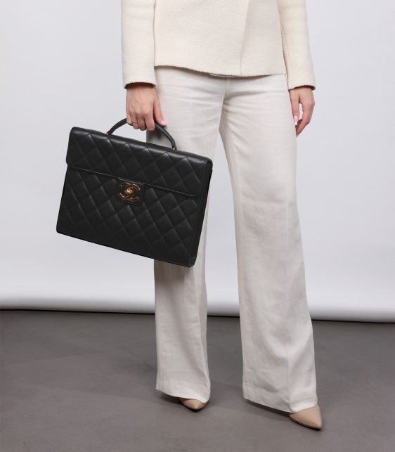 Black Quilted Caviar Leather Vintage Jumbo XL Classic Briefcase