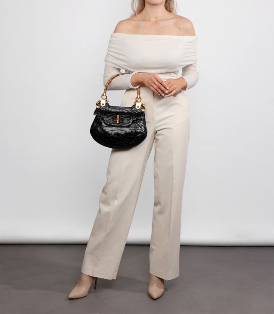 Black Studded Shiny Alligator Leather Vintage Bamboo Top Handle