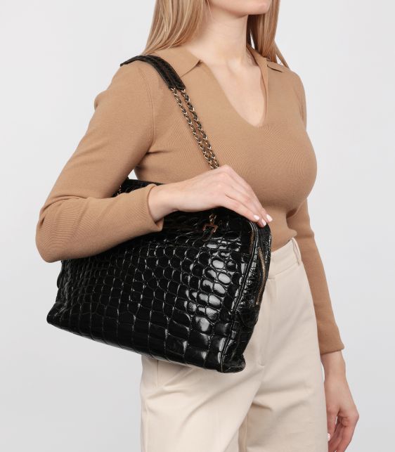 Black Shiny Crocodile Leather Vintage Camera Bag