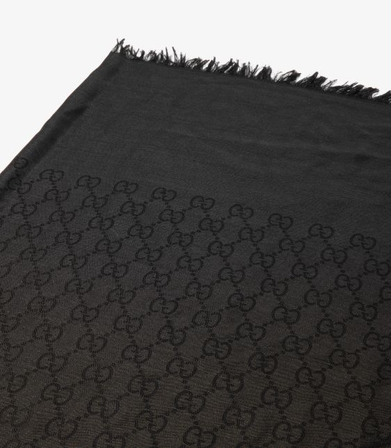 Black GG Silk Jacquard Fringed Scarf