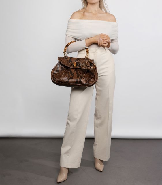 Brown Python Leather Vintage Large Classic Bamboo Top Handle with Micro Charm