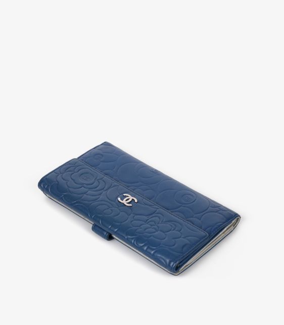 Blue Camellia Embossed Lambskin Leather Classic Long Wallet