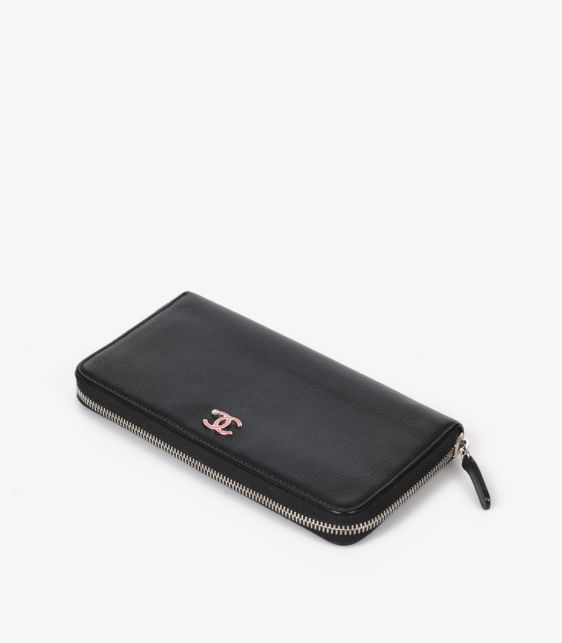 Black Calfskin Leather Pink Clover Classic Long Zip Wallet