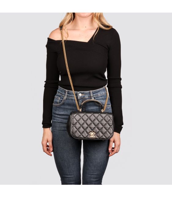 Black Quilted Caviar Leather Medium Classic Top Handle Flap Bag